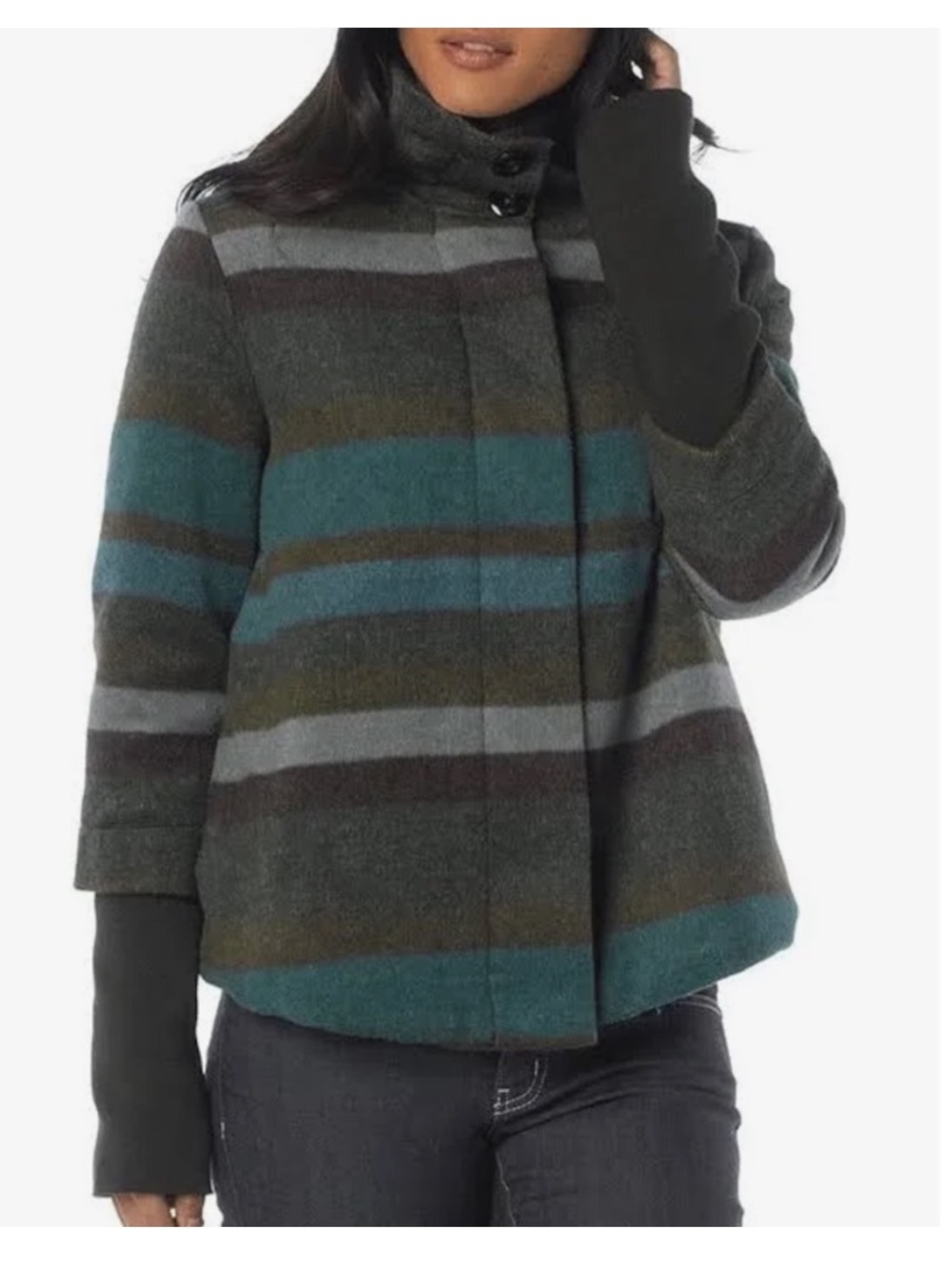 Prana Striped Wool-Blend Cowl Neck Sweater Jacket - Teal, Gray, Olive, Brown